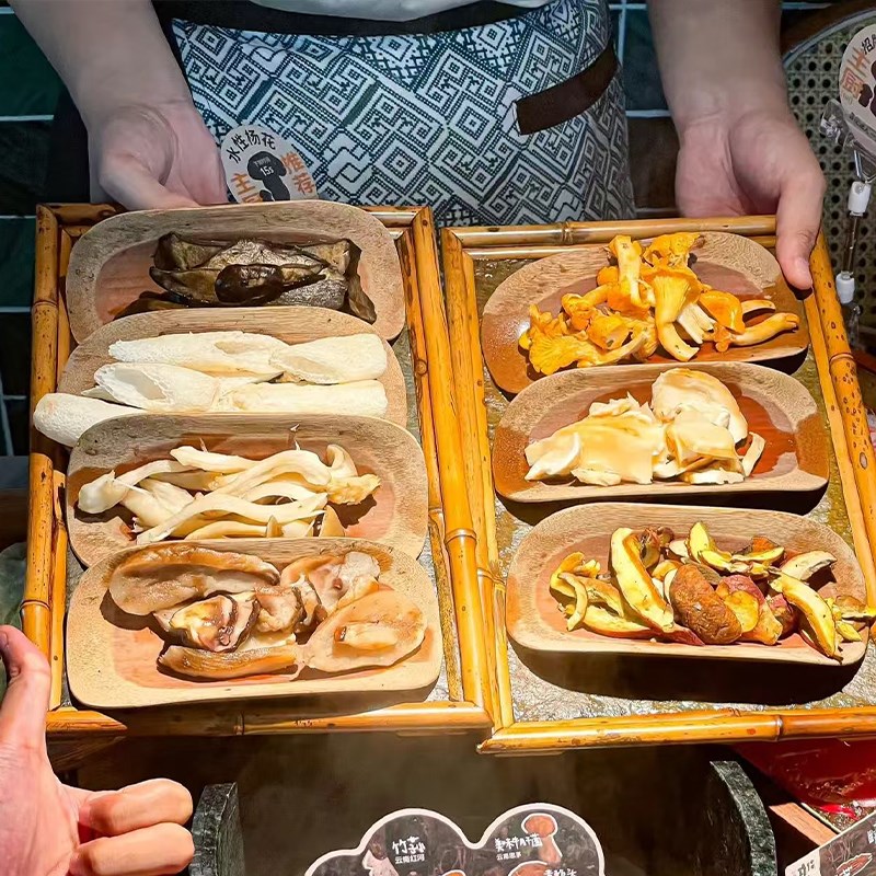 山野火锅店特色蔬菜拼盘餐具复古竹编长方托盘火锅菌菇类四格拼盘