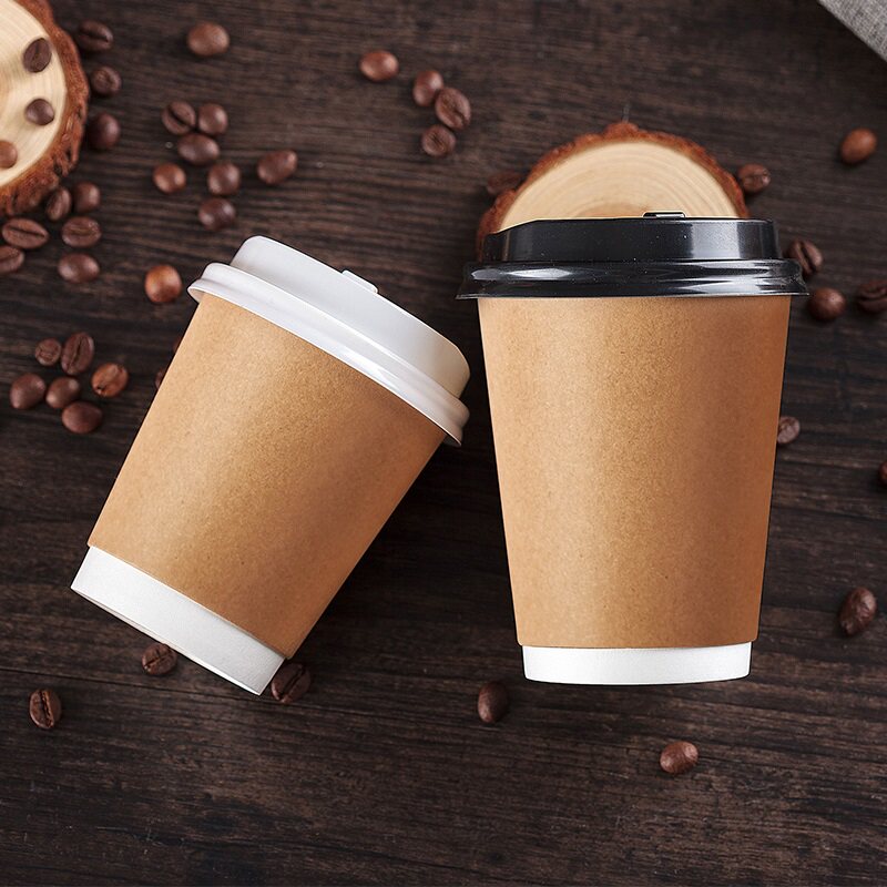 热饮一次性咖啡杯带盖加厚双层牛皮纸杯商用打包杯子奶茶杯500只