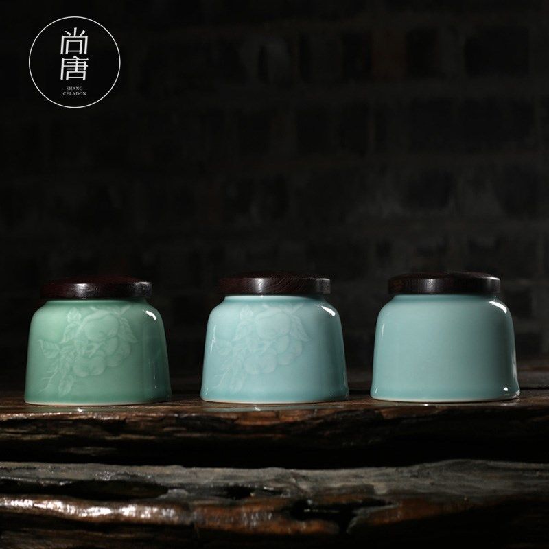 青瓷茶叶罐中式优质茶罐茶仓龙泉陶瓷功夫茶具木盖密封罐家用散茶