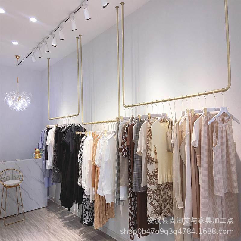 服装店展示架金色铁艺侧挂货架上墙吊顶陈列架U悬挂衣架女装吊架
