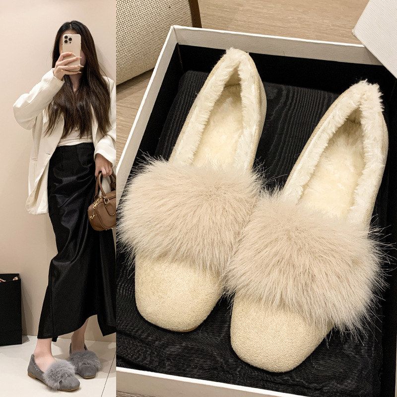 仙女风毛毛单鞋平底鞋秋冬加绒软底豆豆鞋孕妇保暖棉鞋玛丽珍优雅