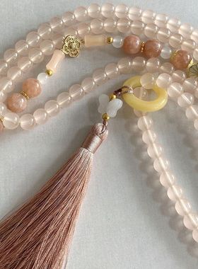 国风藕粉色串珠穗花流苏长款项链新中式民族风斜挎毛衣链汉服配饰