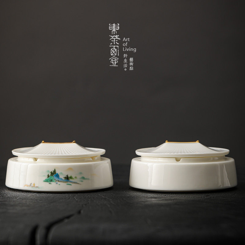 防点江山烟灰烟陶瓷创意国潮摆件家用烟缸小号带盖子防风指飞灰缸