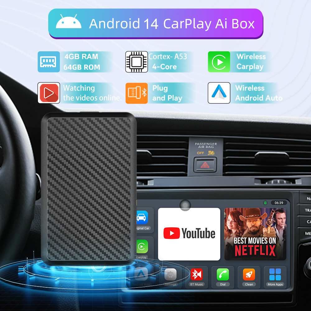 航镜智能车载无线CarPlay盒子转安卓14Auto AiBox WIFI车机互联
