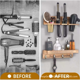 简约木质壁挂式吹风机美发工具收纳架木制家用多用途置物架