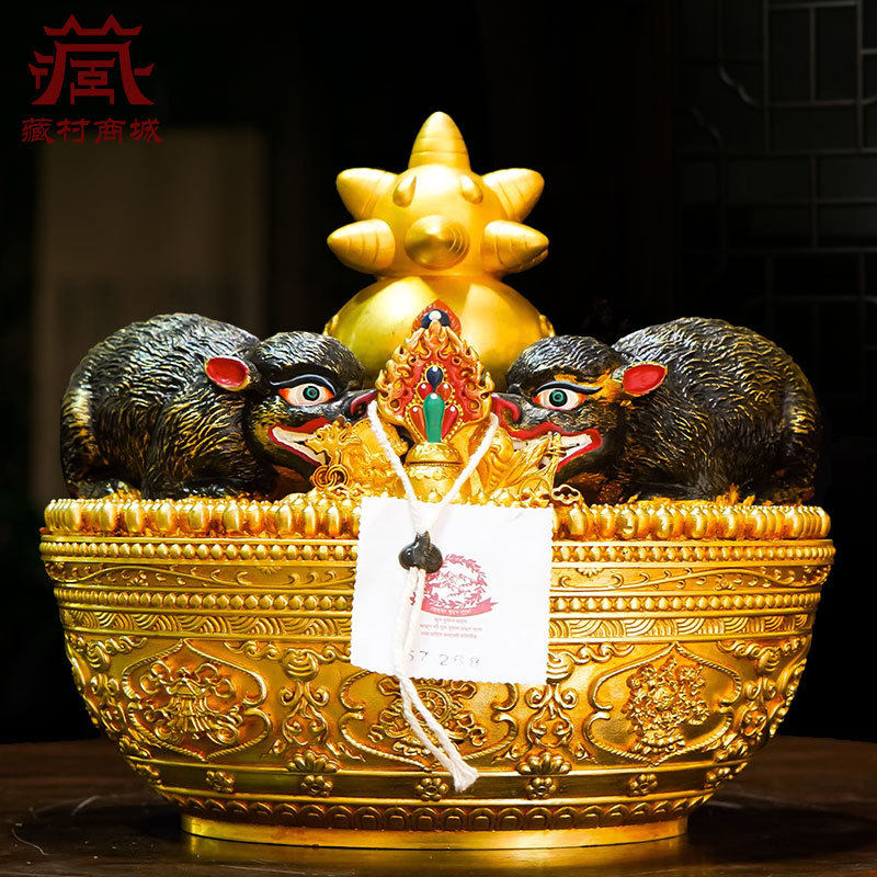 铜鎏金彩绘《鼹鼠吐宝宝瓶》八吉祥雕花百宝座家用桌面工艺品摆件
