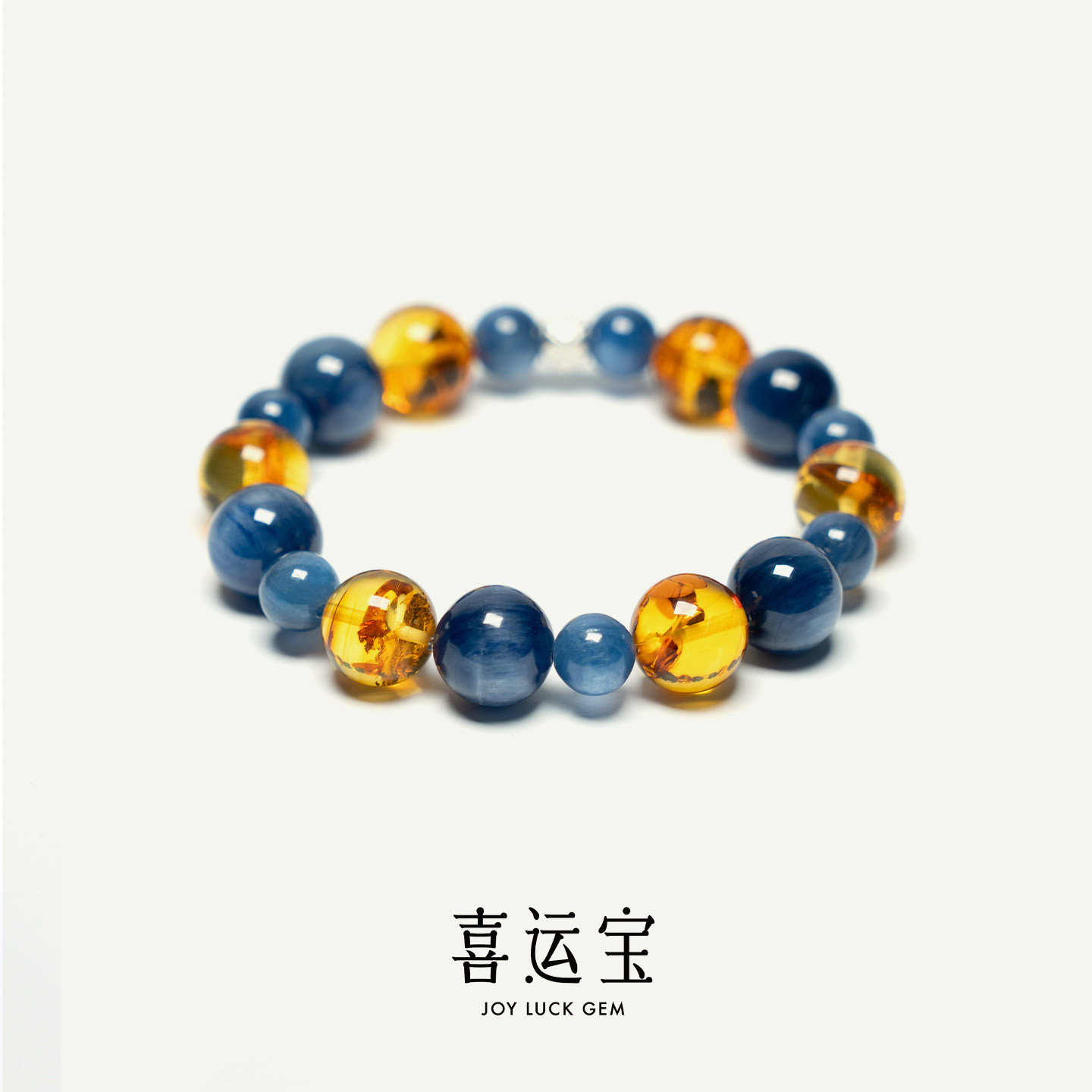 喜运宝「相伴之喜」蓝晶石花珀圆珠水晶手串 小众设计款手链首饰