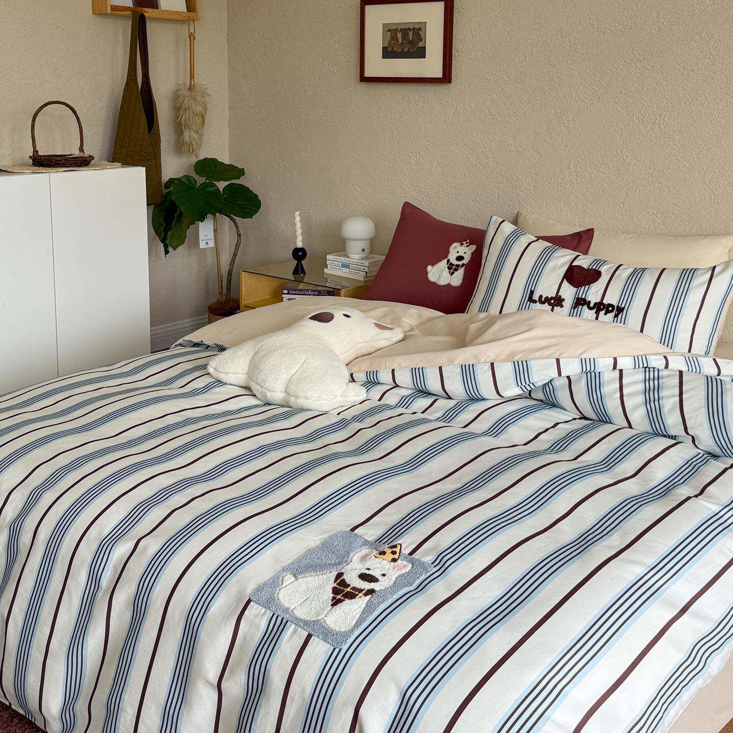 100S全棉磨毛四件套卡通毛巾绣男孩女生加厚纯棉被套床单秋冬床品