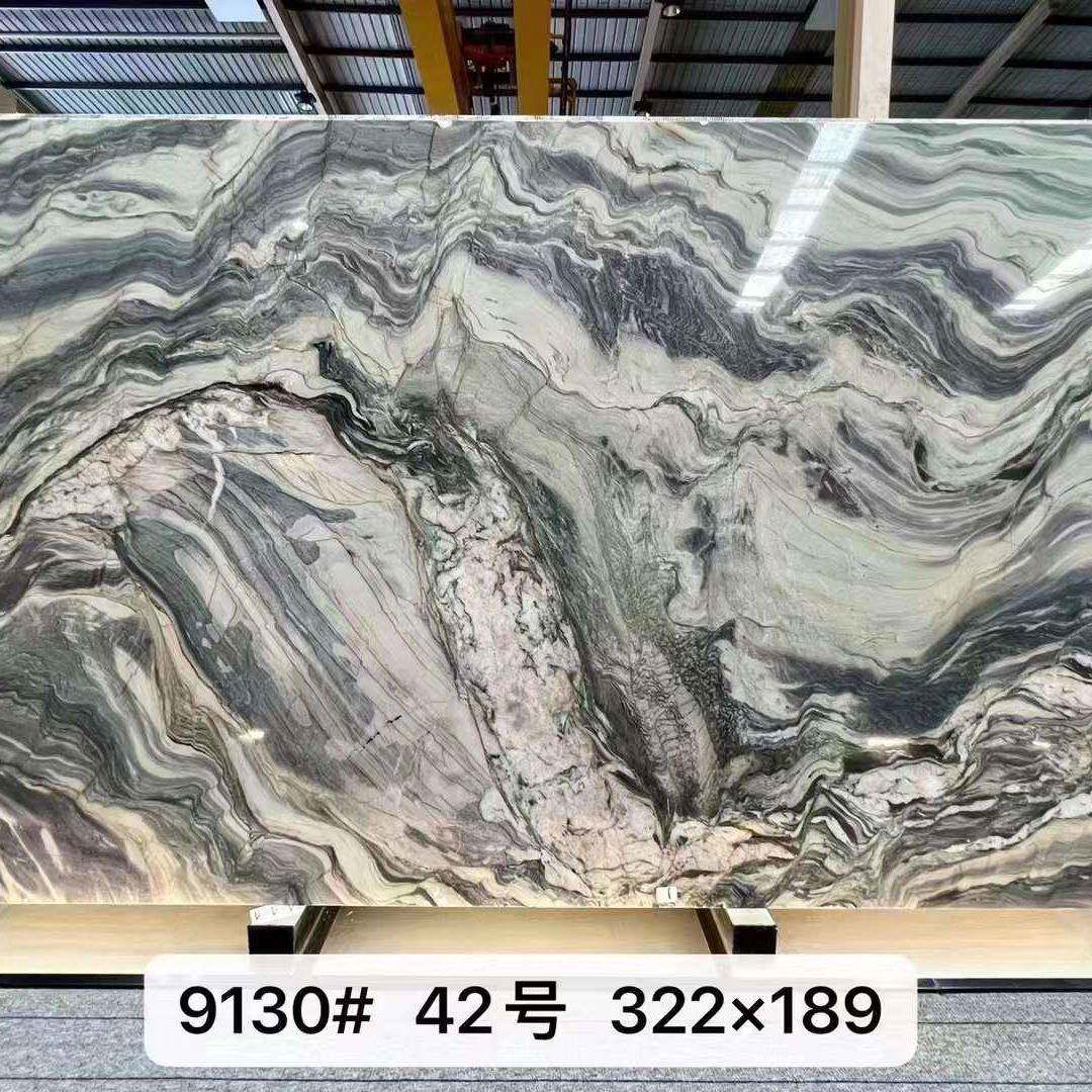 丝绸之路山水纹大理石奢石背景墙大堂玄关别墅装修高端大气