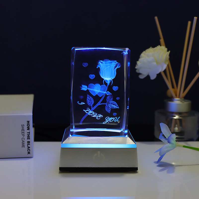 创意新品3D内雕玫瑰花水晶方体摆件生日七夕情人节礼物欧美工艺品