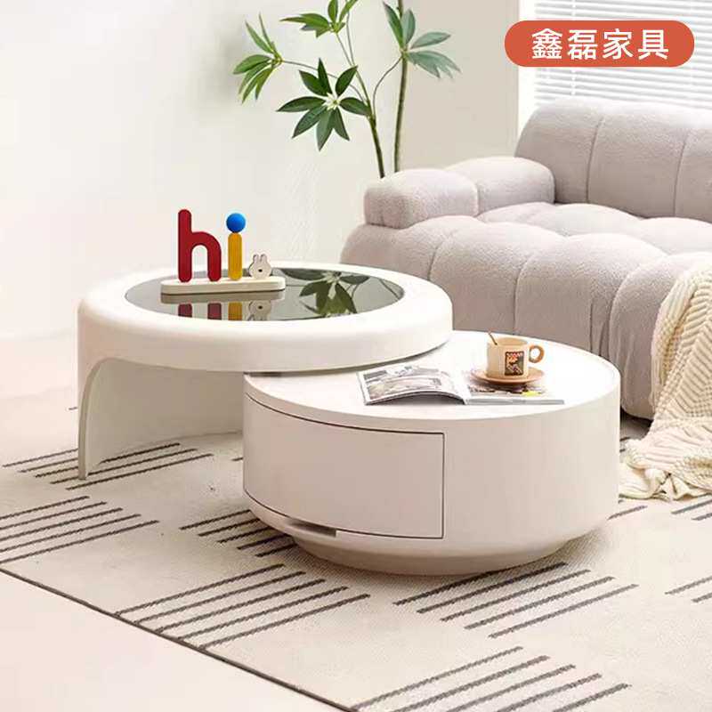 家用奶油风简约茶几可旋转带抽屉圆形茶几组合大小圆玻璃镜面茶几