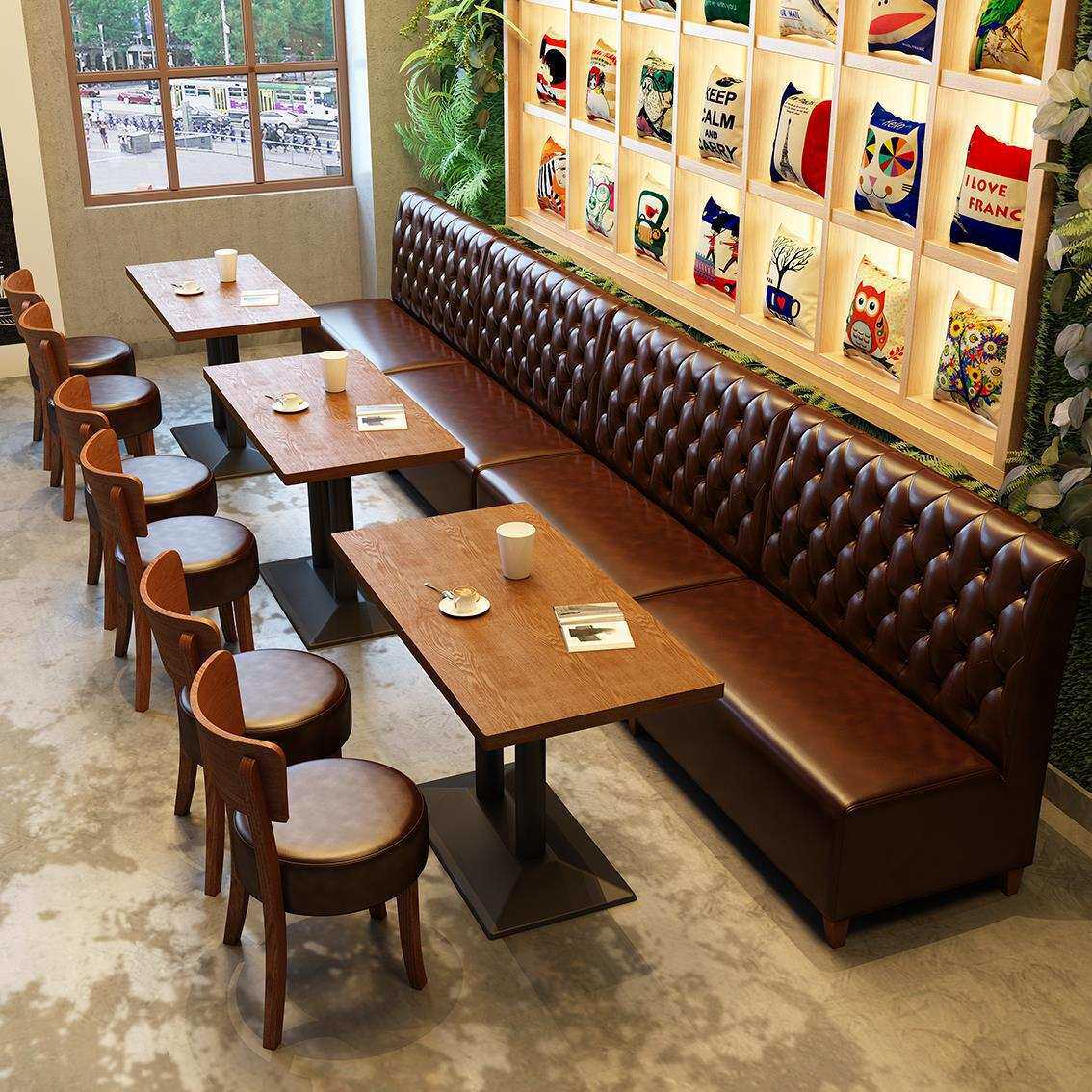 西餐厅咖啡馆清吧卡座酒吧奶茶甜品店复古休闲皮靠墙沙发桌椅组合