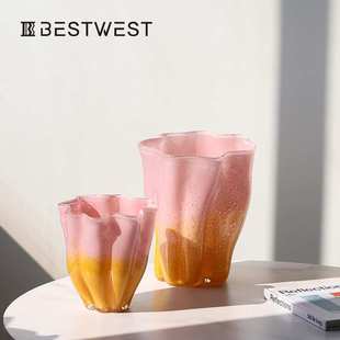 博西家居 粉黄渐变色敞口高档玻璃花瓶摆件家居高级感装饰品花器