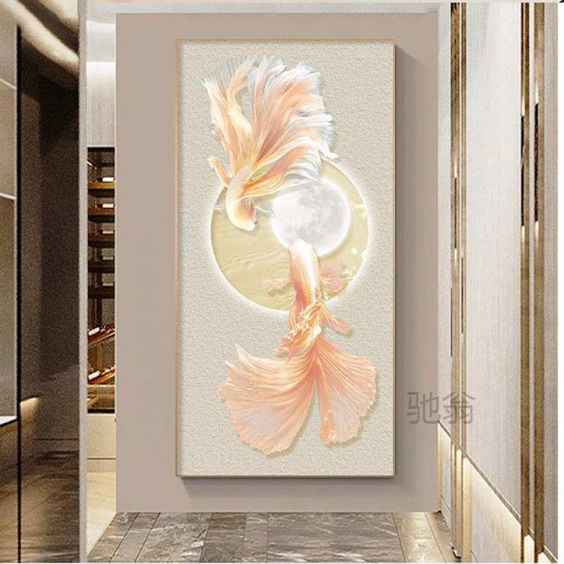麓r锦鲤图挂画新房玄关走廊进门装饰画竖版现代简约高级感有框壁