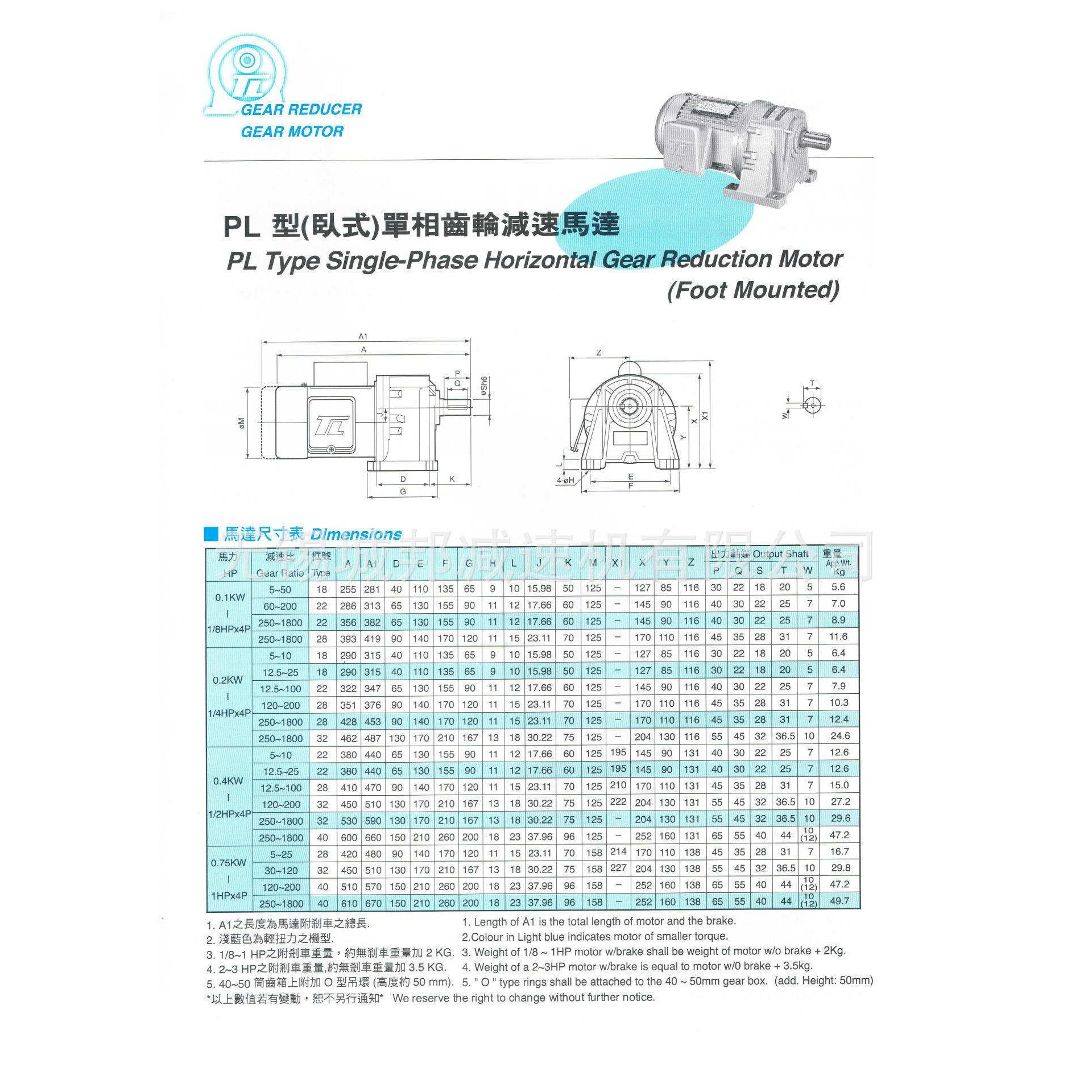 东力PL(GL)型（卧式)单项齿轮减速马达