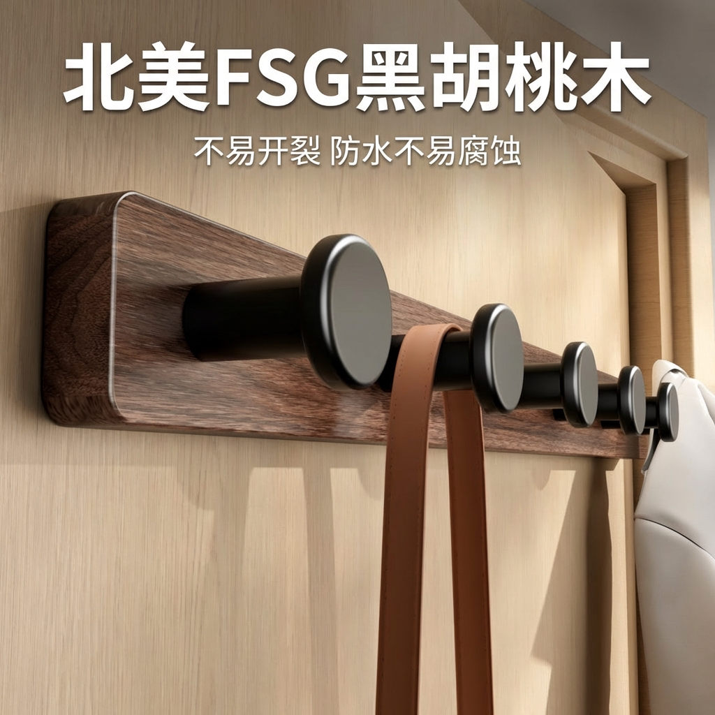 舒适纯胡桃木挂钩免打孔试衣间玄关衣柜挂衣架墙壁挂衣服帽架粘钩