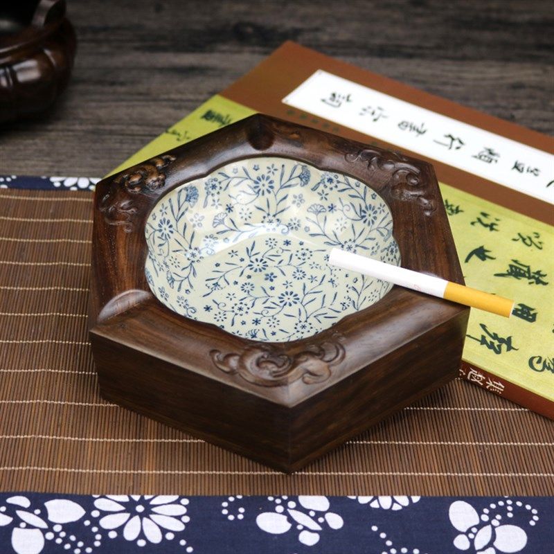 红木工艺品 黑檀木办公室烟缸时实灰意个性 尚木质复古烟创缸大号