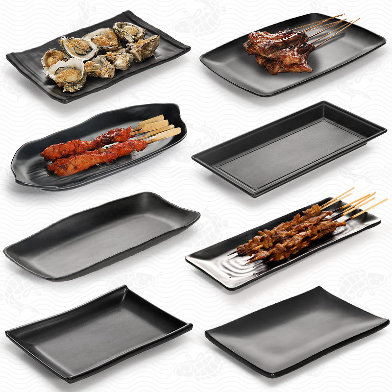 密胺烧烤盘子长方形10个装黑色塑料盘碟子创意餐具火锅店菜盘商用