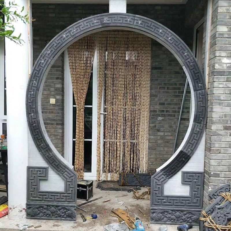古建四合院月亮门砖雕圆形门框弧形回纹线青砖圆洞门口线拱形门套