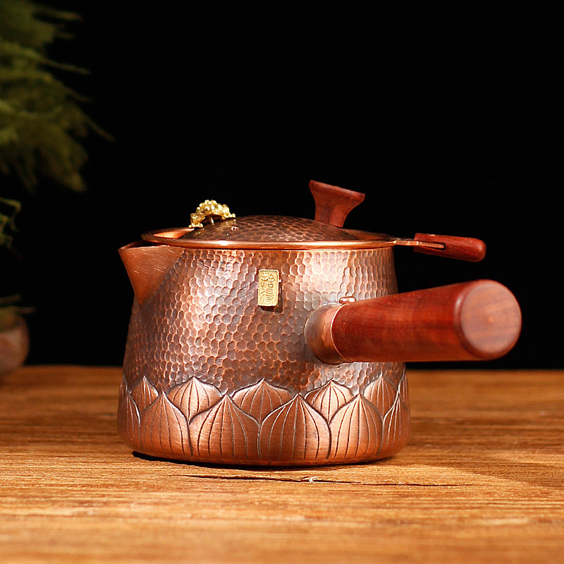 纯手工木柄侧把烤茶罐纯紫铜煮茶器茶壶錾刻公道杯茶具西北罐罐茶