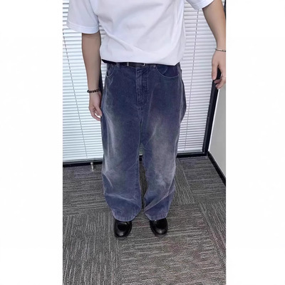 户外休闲裤复古灯芯绒做旧酵素水洗法工蓝直筒休闲长裤vintage裤