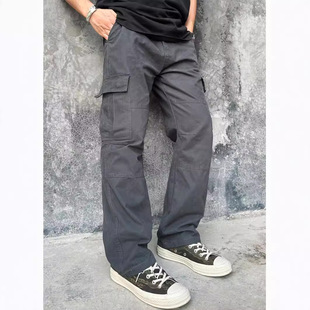 Zack校长复古水洗工装裤口袋直筒男女百搭简约素色超潮直筒休闲裤