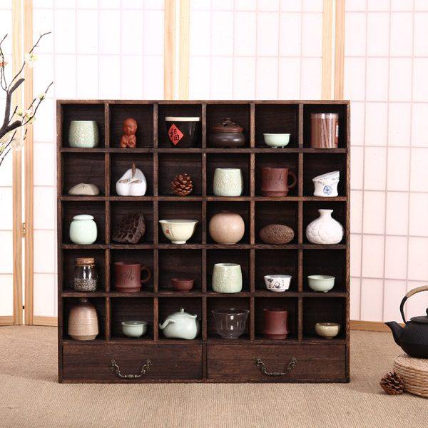 复古实木博古架多宝阁古董收藏架茶室壁挂紫砂壶收纳架抽屉式茶架