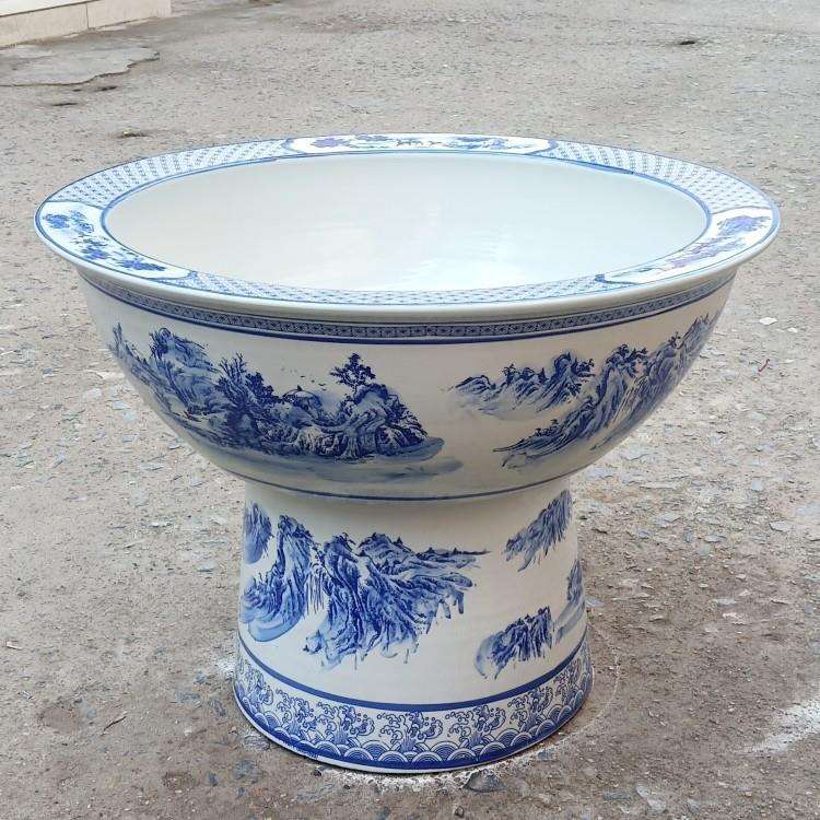 陶瓷鱼缸厂家青花山水釉下彩立柱式陶瓷鱼缸假山造景盆水培缸