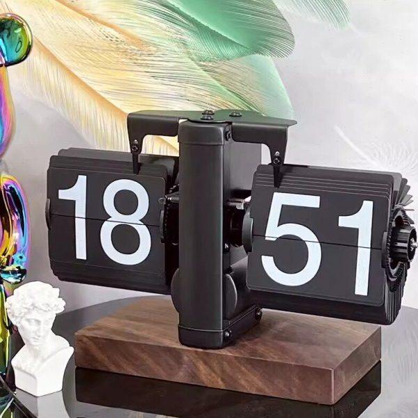 网红创意复古木质翻页时钟自动机械翻页钟胡桃木座钟桌面实木时钟,家居饰品,座钟,淘宝优惠券,粉丝福利购,淘宝优惠卷