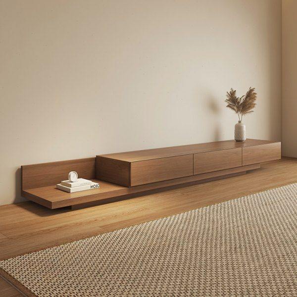 纳威胡桃木色电视柜客厅家用现代简约落地伸缩收纳储物柜2024新款