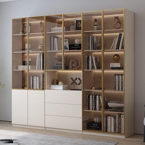 轻奢书柜书架一体组合带玻璃门定制储物柜家用整墙落地实木书橱,住宅家具,组合书柜,淘宝优惠券,粉丝福利购,淘宝优惠卷