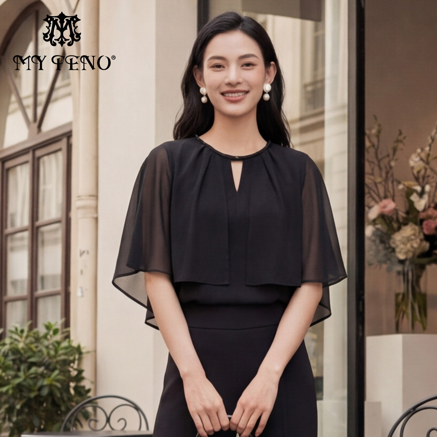 MY TENO/马天奴2026夏季新款钉珠斗篷式短袖上衣圆领亲肤雪纺衫女