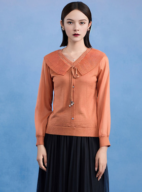 马天奴橙色V领系带针织衫长袖设计感小衫排扣套头衫女装洋气上衣