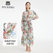 马天奴夏季 度假裙子时尚 新款 白色印花雪纺连衣裙收腰气质长裙女装