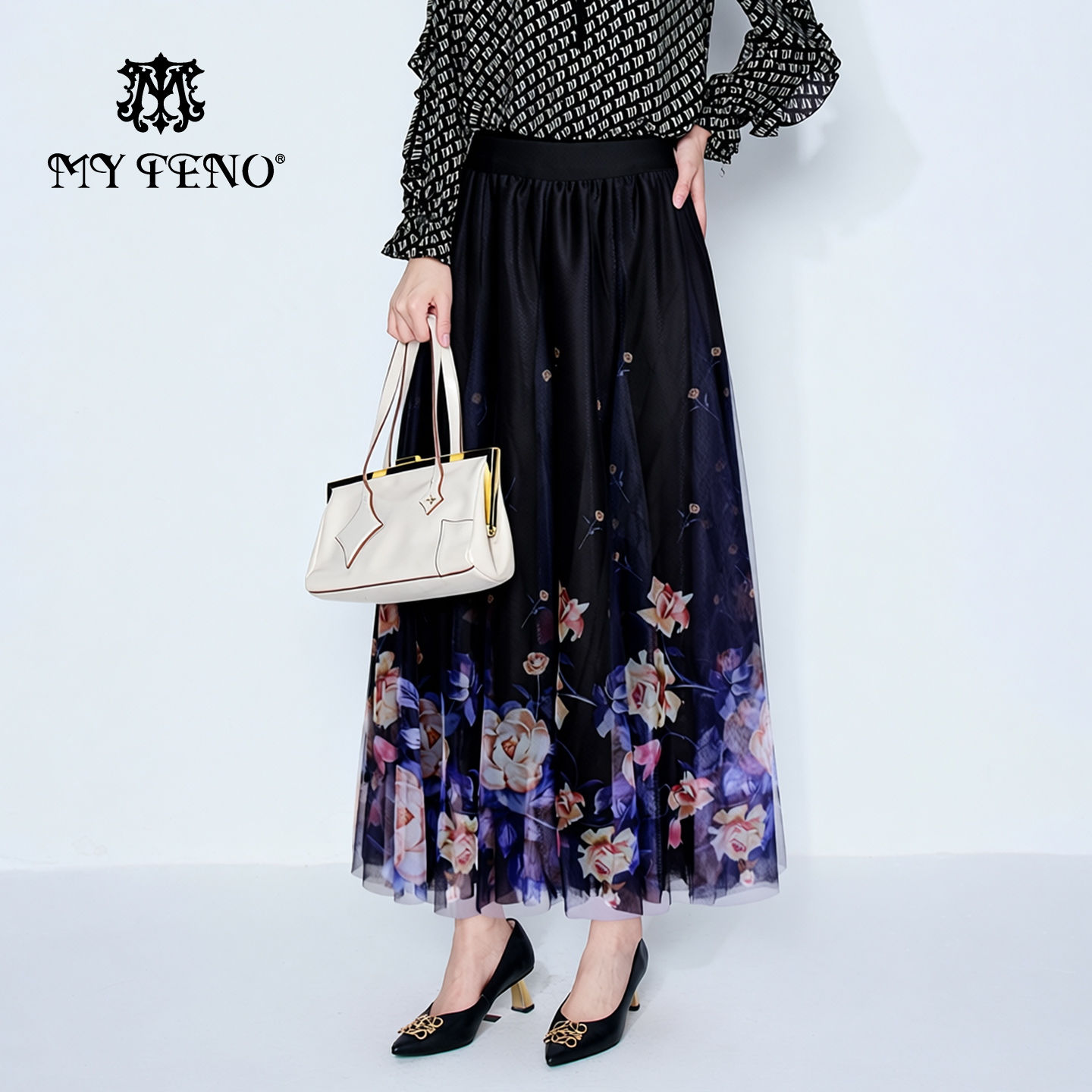 马天奴高腰长款印花网纱半身裙