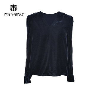 时尚 气质法式 黑色三醋酸混纺丝绒上衣V领长袖 马天奴秋冬新款