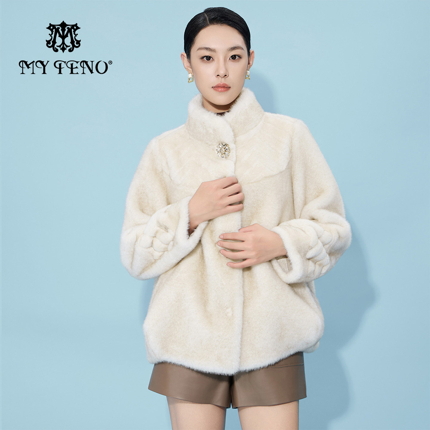 马天奴钻扣立领短款金貂绒外套