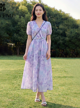 MY TENO/马天奴2026夏季新款印花V领中长款连衣裙女紫色收腰A字裙
