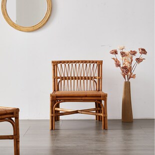 真藤编椅子休闲矮阳台室内客厅复古侘寂风三件套喝茶桌椅组合原木