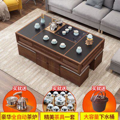 现代简约火烧石茶几多功能功夫茶艺桌大理石桌椅组合办公中式茶台