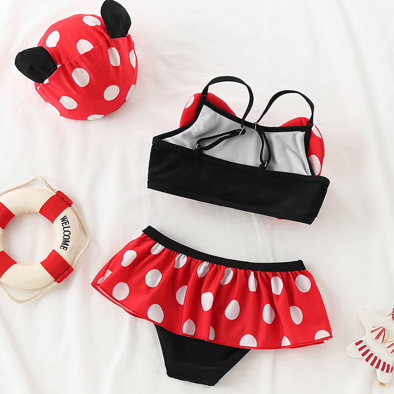 儿童泳衣女孩分体婴儿裙式泳装可爱波点蝴蝶结带帽宝宝女童游泳衣