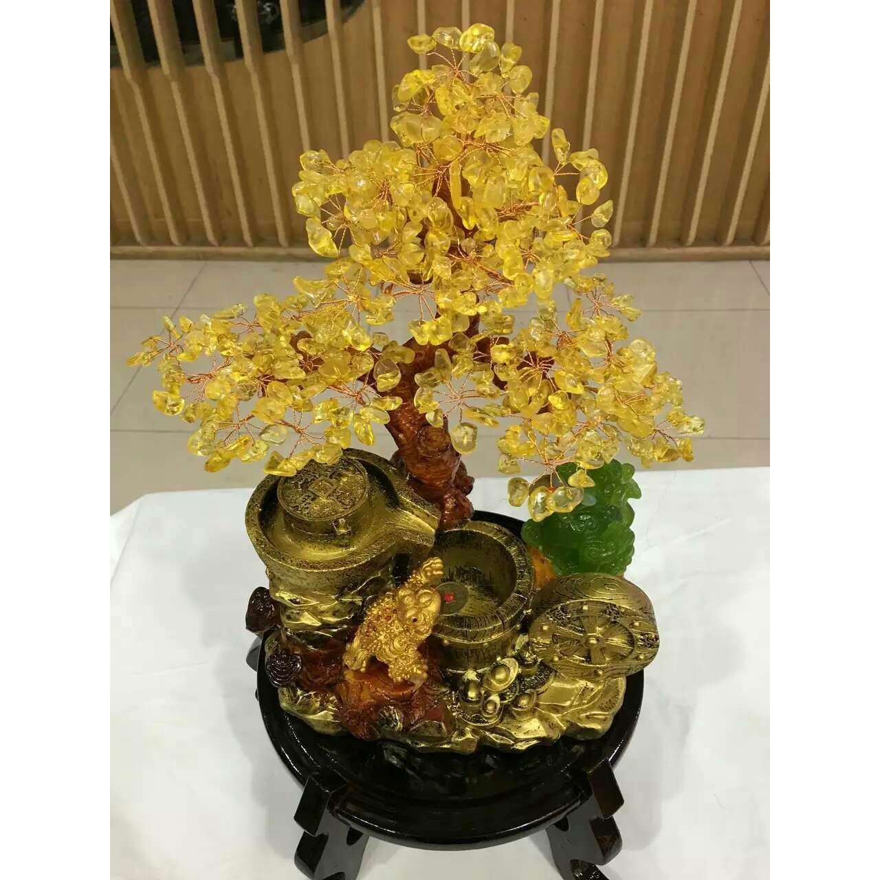 石磨木桶貔貅水晶树聚财发财树财宝树有底座黄粉紫水晶绿东陵
