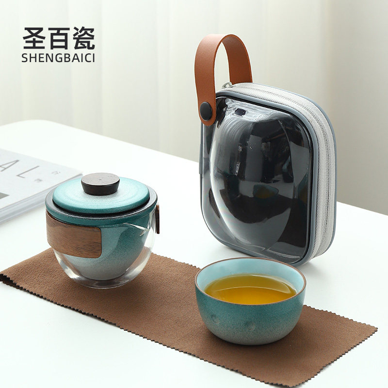 青白渐变单人快客杯便携式盖碗功夫茶具企鹅旅行套装一壶一杯定制
