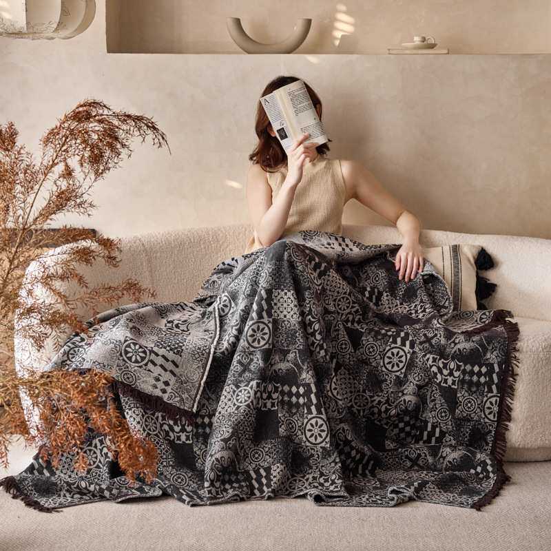 全棉针织流苏毯子沙发盖毯高级感办公室午睡毯子客厅装饰毛毯复古