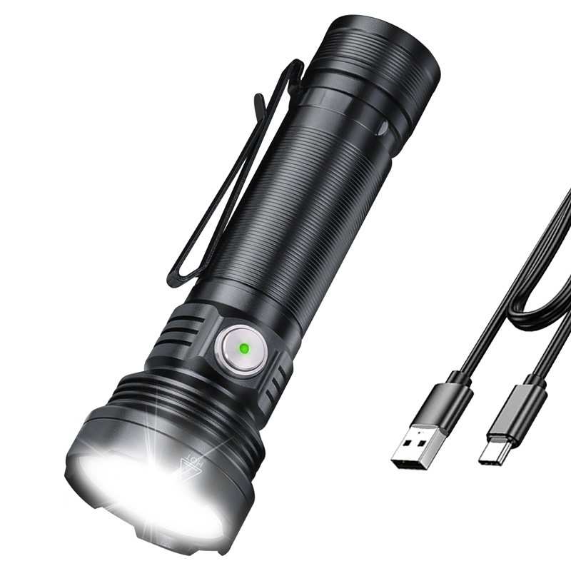 新款5LED强光高亮手电筒 21700充电铝合金按键 双向笔夹手电筒