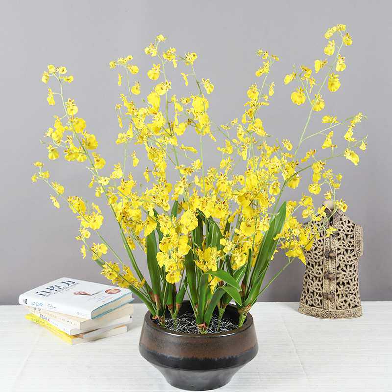 高质带根单棵仿真文心兰 黄色跳舞兰装饰品摆件欧式花瓶餐桌客厅