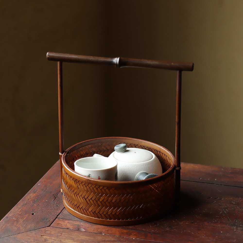 禅意紫竹手工竹编仿古手提茶点盘圆形水果面包盘茶道器具收纳盒
