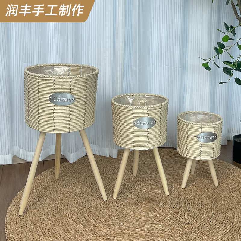 田园木质落地花架花盆架草编花篮地面装饰客厅阳台花器绿萝架专用