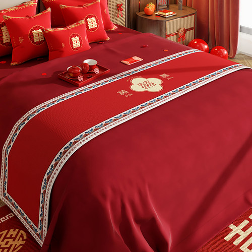 红色喜庆牀旗结婚婚房牀尾搭巾新婚牀上用品喜字桌旗茶几茶台桌布