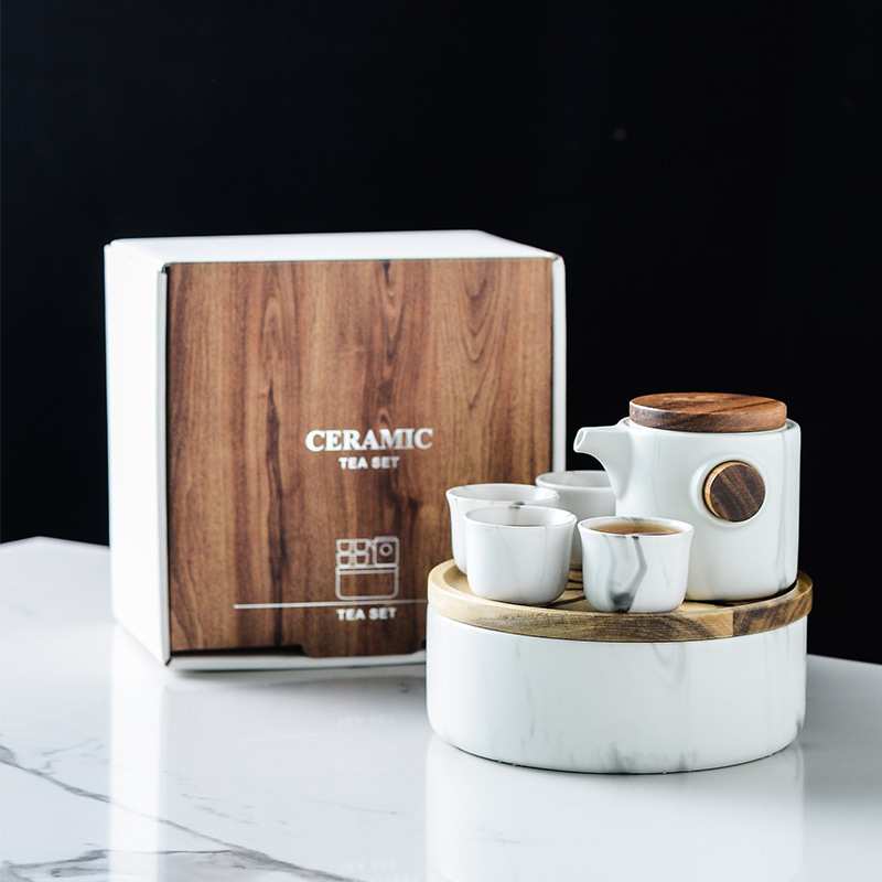 大理石纹创意功夫茶具日式简约旅行茶具定制logo一壶四杯茶具套装